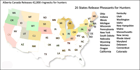A map of the United States showing states that release pheasants for hunters